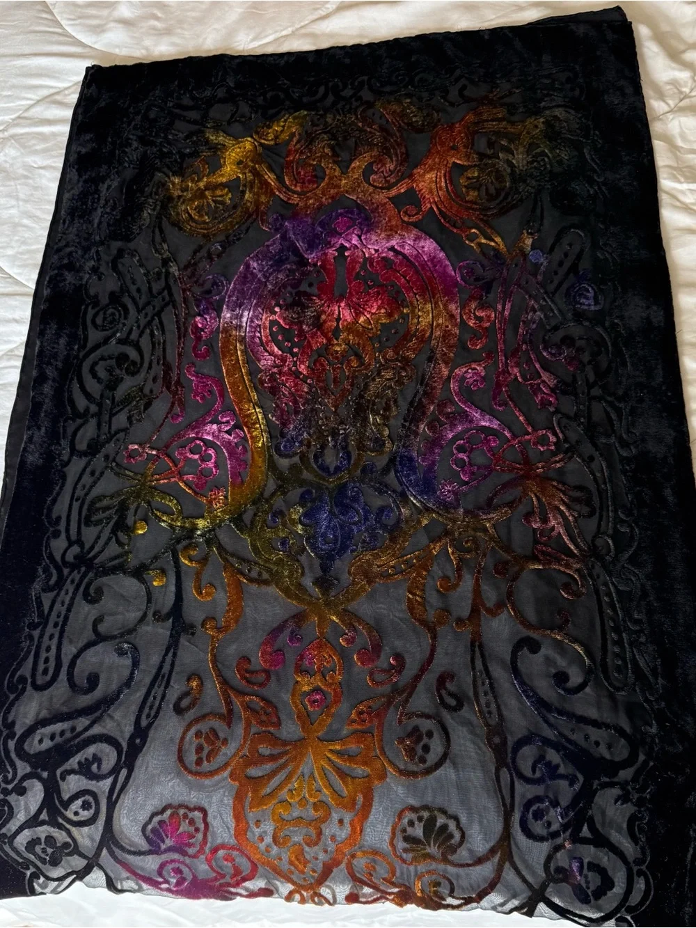 Black Silk Velvet Burnout Scarf with mustard/magenta/violet Baroque Pattern